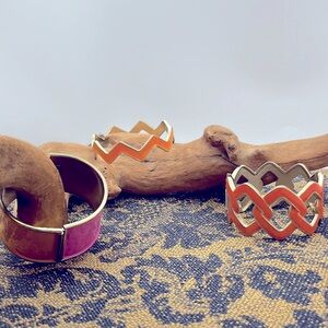 Funky Orange and Pink Cuff Bracelet Trio Zig Zag, Chain, Mod Lot 80s 90s
